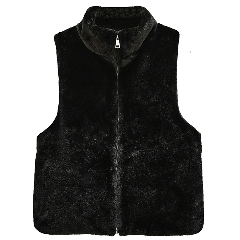Black- Solid Faux Fur Vest