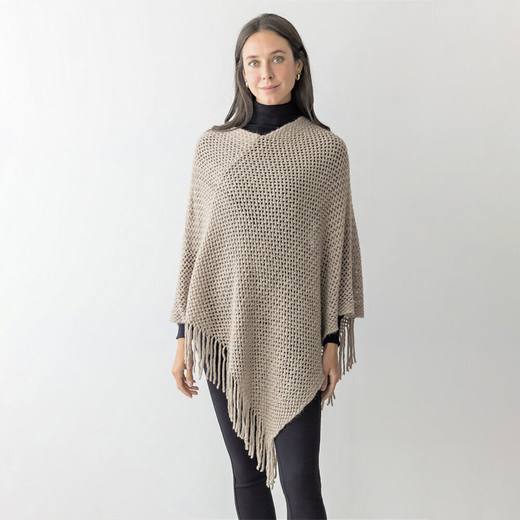 Taupe- Crochet Knitted Poncho